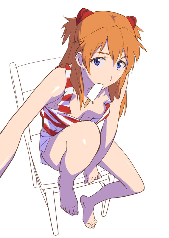 choobackers32, choobackers32 (pixiv200837), souryuu asuka langley, neon genesis evangelion, striped, bad id, bad pixiv id, 1girl, barefoot, blue eyes, chair, downblouse, feet, feet on chair, female focus, food, hair ornament, hairclip, mouth hold, orange hair, popsicle, shorts, sitting, sketch, solo, tank top