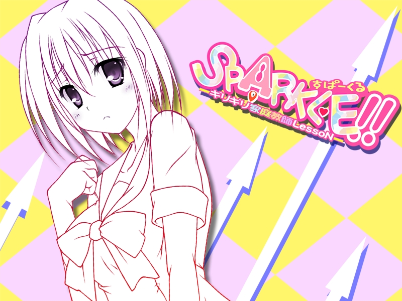 t-ray, sparkle!!, 1girl, aqua eyes, argyle background, argyle clothes, arrow (symbol), blush, female focus, monochrome, purple eyes, purple theme, ribbon, school uniform, serafuku, short hair, solo