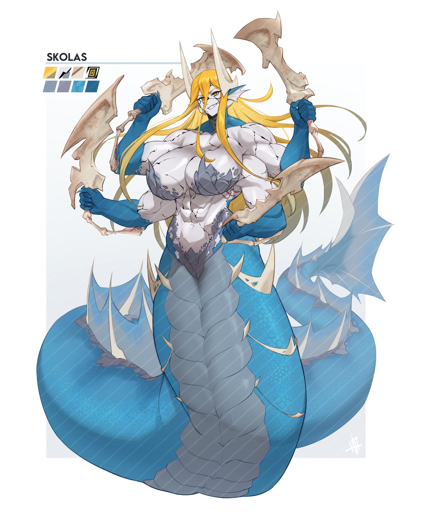 okasbasement, skolas, original, highres, 1girl, abs, biceps, blue scales, cracked skin, fingernails, gills, grey scales, horns, long hair, monster girl, multiple horns, muscular, muscular female, ocean, orange hair, reference sheet, sharp fingernails, slit pupils, spines