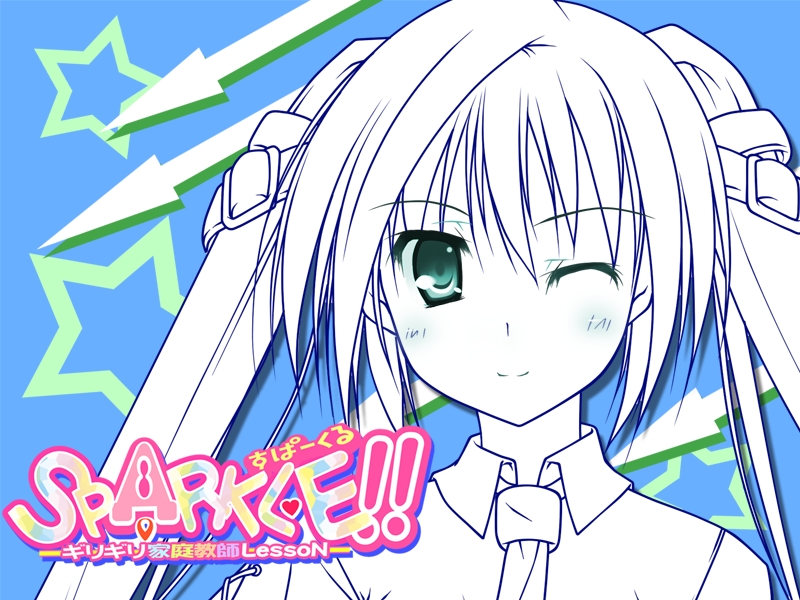 t-ray, sparkle!!, 1girl, aqua eyes, blue background, blush, buckle, female focus, green eyes, long hair, monochrome, necktie, one eye closed, smile, solo, spot color, twintails, wink