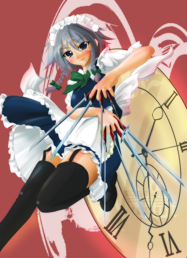 kuro inu, kuroinu (sonoba shinogi), izayoi sakuya, touhou, silver hair, 1girl, between fingers, blue eyes, blush, braid, clock, female focus, garter belt, holding, knife, lingerie, maid, maid headdress, mary janes, petticoat, shoes, solo, thighhighs, twin braids, underwear, zettai ryouiki