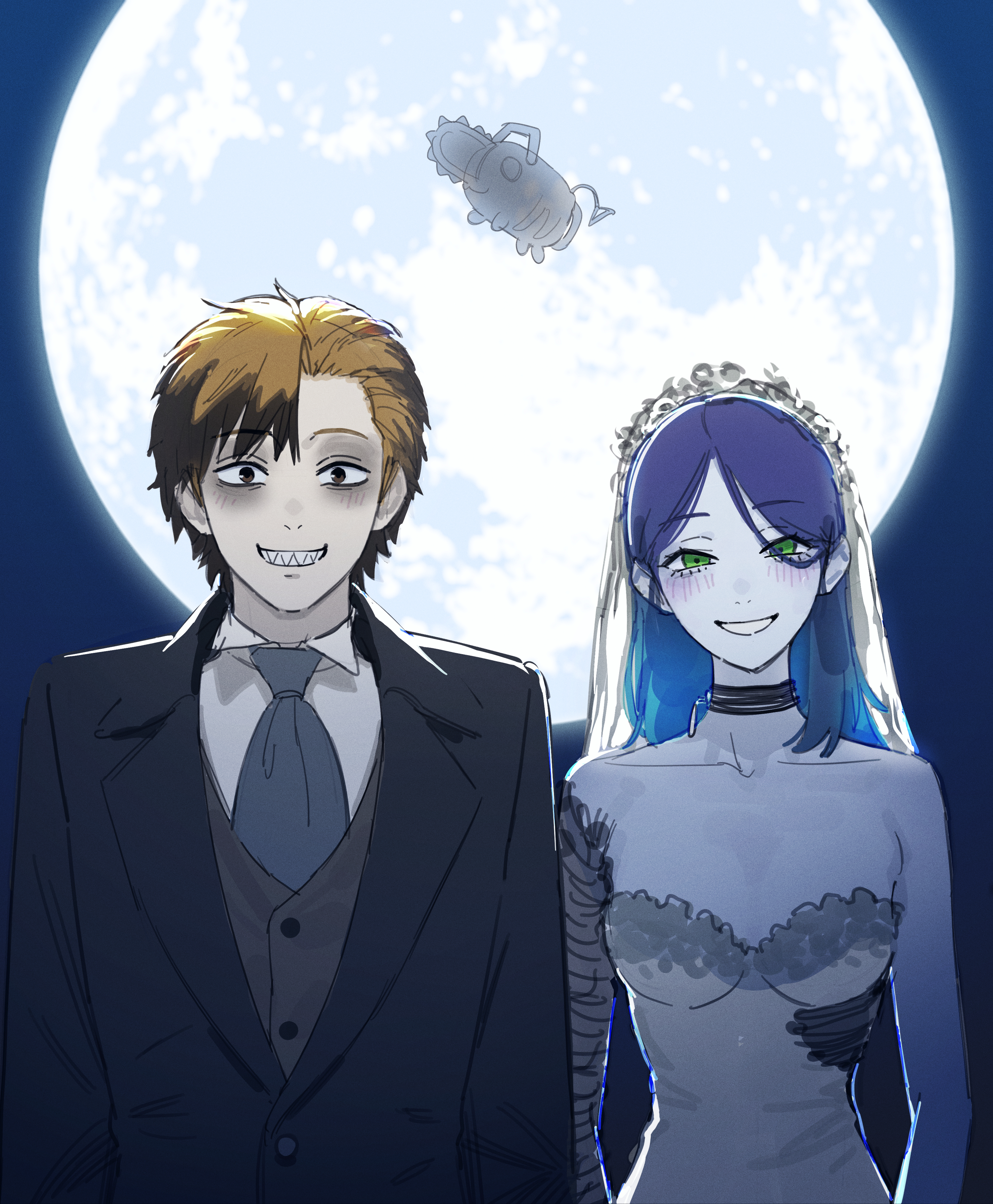 b1026, denji (chainsaw man), emily (corpse bride), pochita (chainsaw man), reze (chainsaw man), victor van dort, chainsaw man, corpse bride, absurdres, highres, 1boy, 1girl, bandaged arm, bandages, black hair, black suit, blonde hair, breasts, bridal veil, bride, brown eyes, colored skin, cosplay, dress, emily (corpse bride) (cosplay), formal clothes, full moon, ghost, gradient hair, green eyes, grey skin, grey vest, grin, groom, long hair, looking at viewer, moon, multicolored hair, night, outdoors, purple hair, shirt, small breasts, smile, suit, veil, vest, victor van dort (cosplay), wedding dress, white shirt