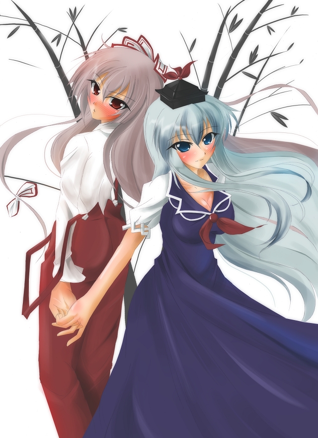 kuro inu, kuroinu (sonoba shinogi), fujiwara no mokou, kamishirasawa keine, touhou, silver hair, 2girls, blue eyes, blush, breasts, cleavage, dress, female focus, long hair, multiple girls, red eyes