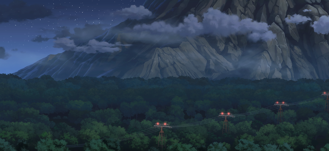 touhou, touhou gensou eclipse, game cg, non-web source, official art, blue sky, cloud, forest, mountain, nature, night, night sky, no humans, outdoors, power lines, scenery, sky, star (sky), starry sky, transmission tower