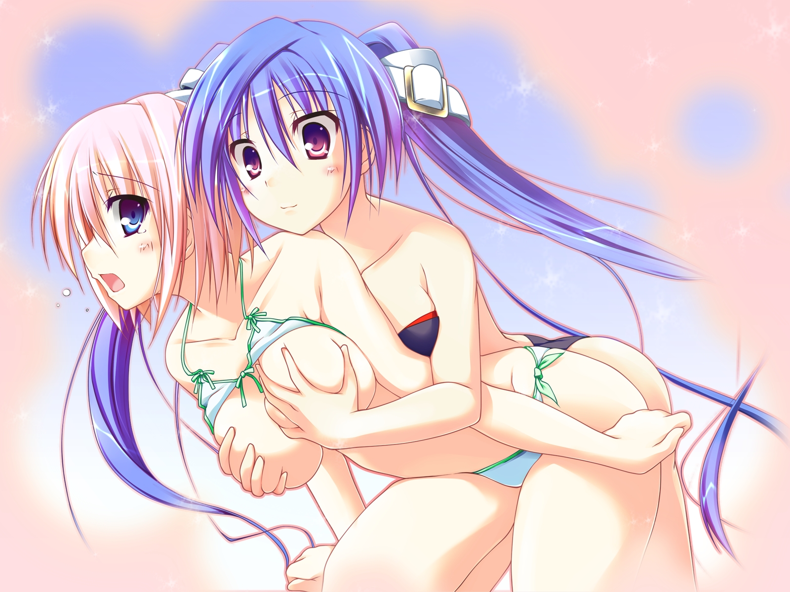 t-ray, sparkle!!, highres, 2girls, :3, aqua eyes, bikini, bikini top lift, blue eyes, blue hair, blush, breasts, breath, buckle, clothes lift, front-tie top, grabbing another's breast, groping, hug, large breasts, long hair, multiple girls, pink hair, purple eyes, short hair, side-tie bikini bottom, swimsuit, twintails, very long hair, yuri