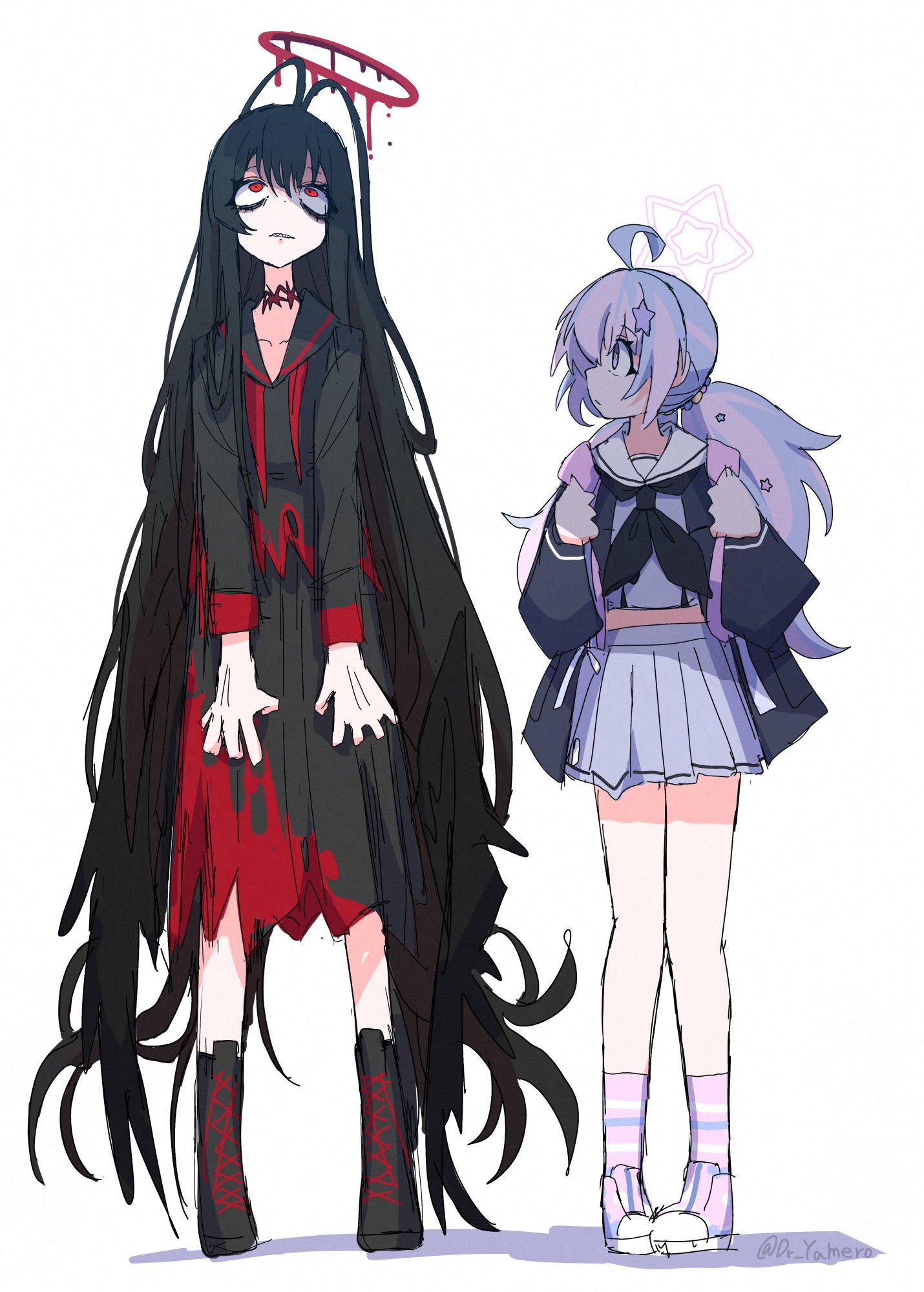 dr yamero, reisa (blue archive), tsurugi (blue archive), blue archive, highres, 2girls, ahoge, antenna hair, backpack, bag, black hair, black wings, blood, blood halo, blood on clothes, hair ornament, halo, liquid halo, long hair, looking at another, multiple girls, purple hair, red eyes, school uniform, serafuku, standing, star (symbol), star hair ornament, star halo, very long hair, wings
