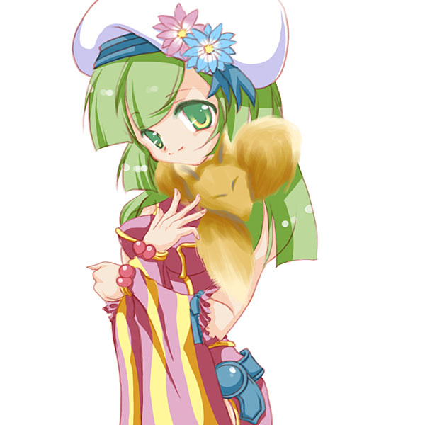 watabe nanami, professor (ragnarok online), ragnarok online, commentary request, 1girl, 2000s (style), animal, animal around neck, belt, blue belt, blue flower, breasts, closed mouth, detached sleeves, dress, flower, fox, green eyes, green hair, hat, hat flower, long hair, looking at viewer, medium breasts, pink flower, purple dress, purple sleeves, simple background, sleeveless, sleeveless dress, smile, solo, striped sleeves, tam (ragnarok online), upper body, white background, white hat, yellow sleeves