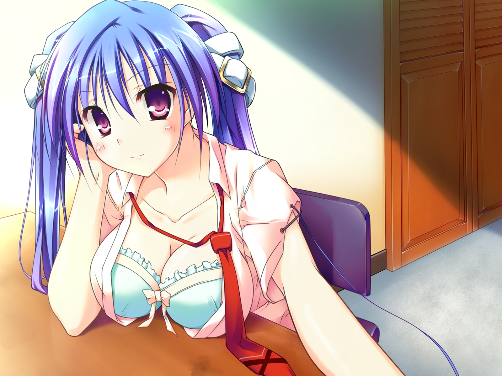 t-ray, sparkle!!, highres, 1girl, aqua eyes, blue hair, blush, bra, breast rest, breasts, breasts on table, breasts out, buckle, cleavage, collarbone, female focus, frilled bra, frills, large breasts, lingerie, long hair, looking at viewer, necktie, open clothes, open shirt, purple eyes, ribbon, shirt, smile, solo, table, twintails, underwear