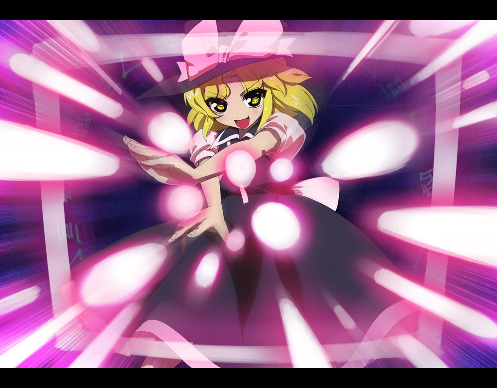 tonbi, yuki (touhou), mystic square, touhou, touhou (pc-98), bad id, bad pixiv id, 1girl, blonde hair, danmaku, dress, female focus, hat, letterboxed, open mouth, ribbon, smile, solo, witch, yellow eyes