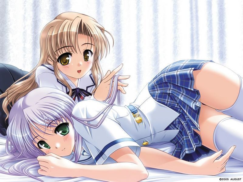 2girls, blonde hair, blush, brown eyes, green eyes, happy, long hair, lying, multiple girls, purple hair, school uniform, smile, thighhighs