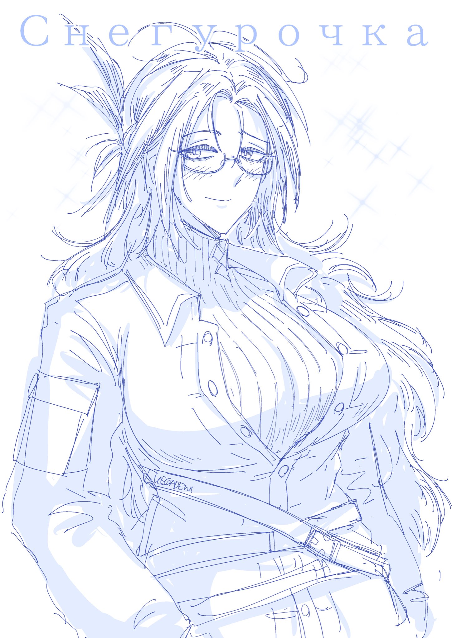 kecoadewi, snegurochka (arknights), arknights, commentary, english commentary, highres, 1girl, bags under eyes, blush, breasts, character name, coat, feather hair, glasses, greyscale, large breasts, long hair, looking at viewer, messy hair, monochrome, simple background, smile, solo, sweater, turtleneck, turtleneck sweater