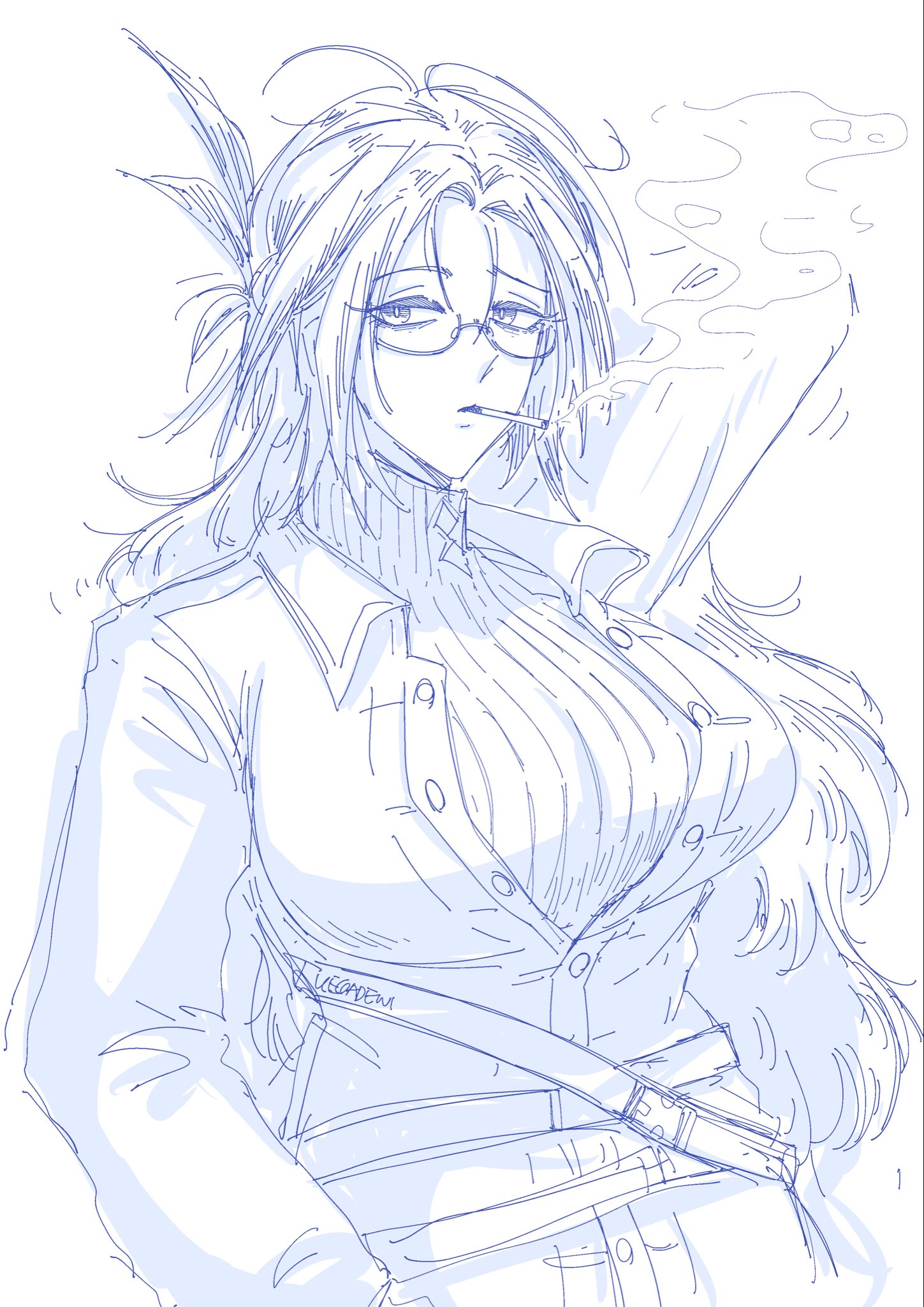 kecoadewi, snegurochka (arknights), arknights, commentary, english commentary, highres, 1girl, bags under eyes, breasts, coat, feather hair, glasses, greyscale, large breasts, long hair, looking at viewer, messy hair, monochrome, simple background, smoking, solo, sweater, turtleneck, turtleneck sweater