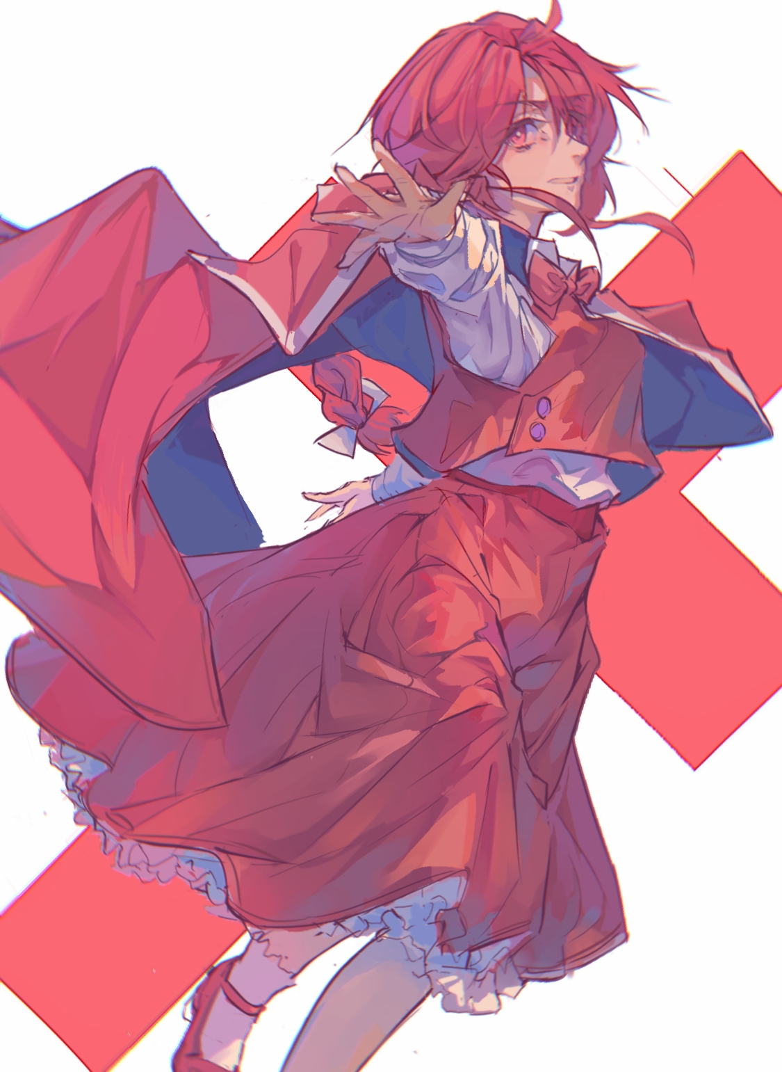 zsefvgy, okazaki yumemi, touhou, touhou (pc-98), commentary, highres, symbol-only commentary, 1girl, ahoge, bow, bowtie, braid, braided ponytail, cloak, cross background, foreshortening, hair bow, long hair, long sleeves, looking at viewer, outstretched arms, petticoat, red bow, red bowtie, red cloak, red eyes, red hair, red shoes, red skirt, red vest, shirt, shirt tucked in, shoes, skirt, skirt set, socks, solo, vest, white bow, white shirt, white socks