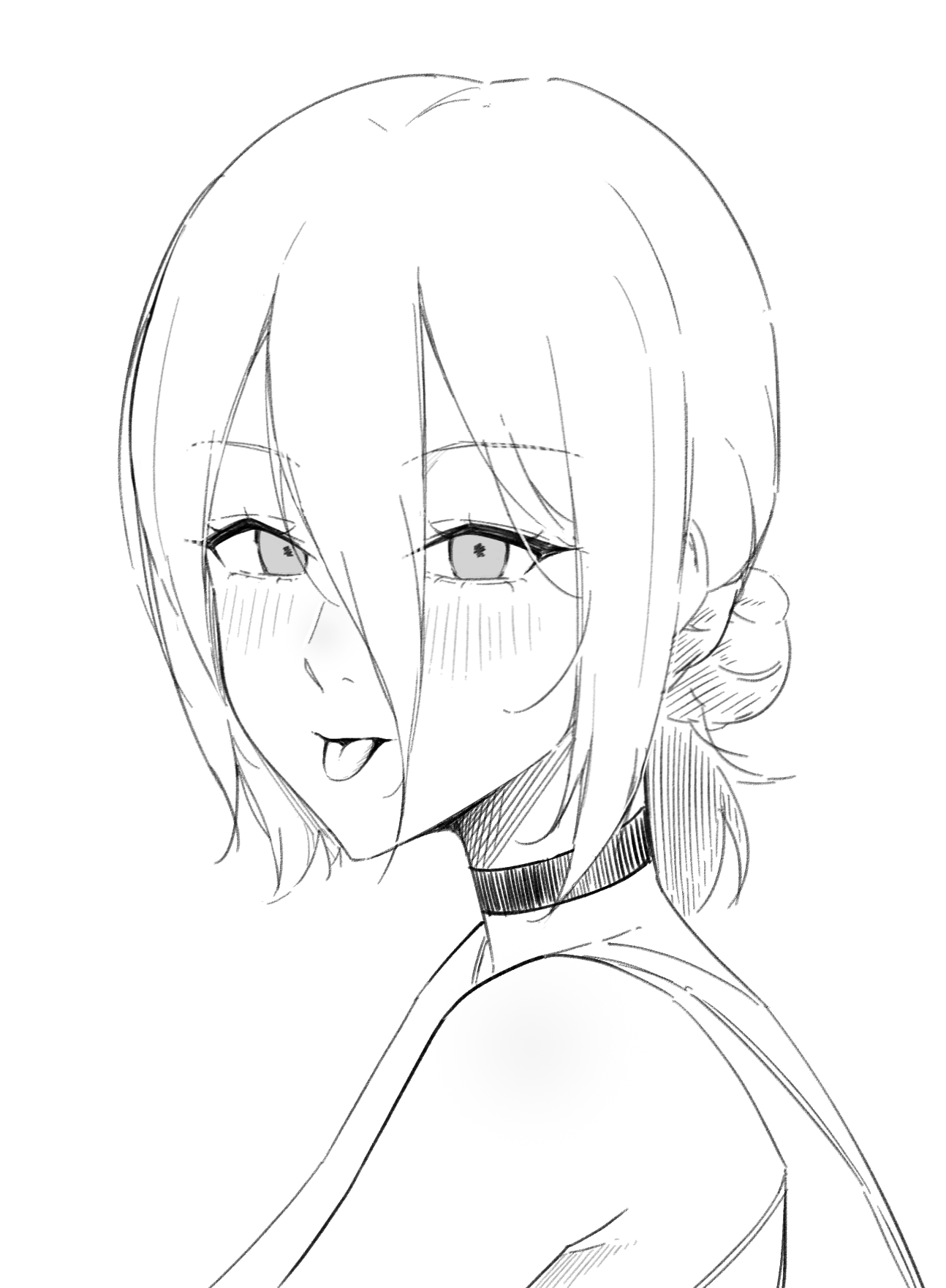 sarasara (pposong), reze (chainsaw man), chainsaw man, highres, 1girl, choker, greyscale, hair between eyes, hair bun, light blush, looking at viewer, medium hair, monochrome, solo, tongue, tongue out