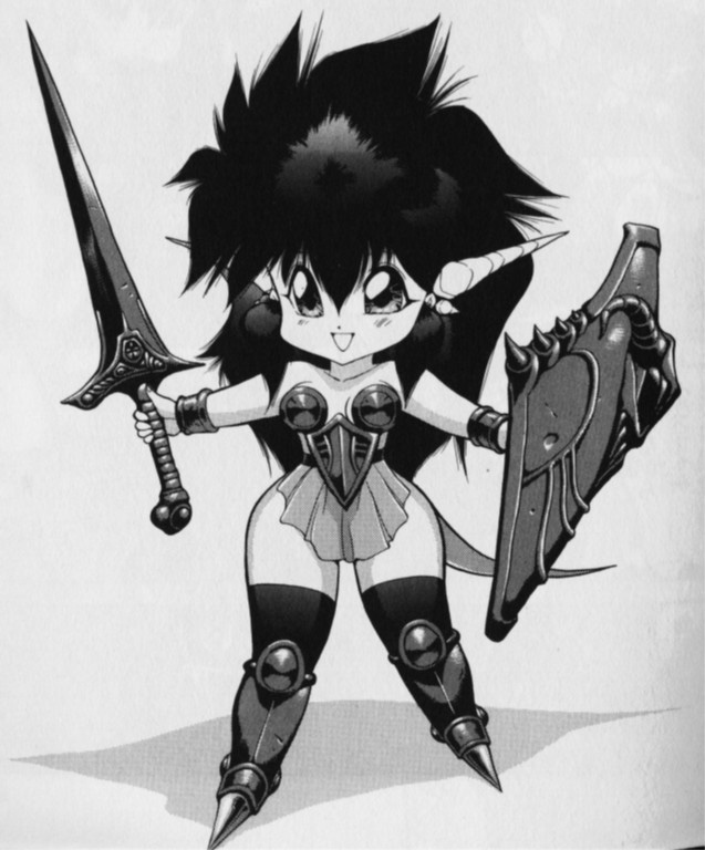 mink (dragon half), dragon half, tagme, chibi, monochrome, shield, sword, weapon