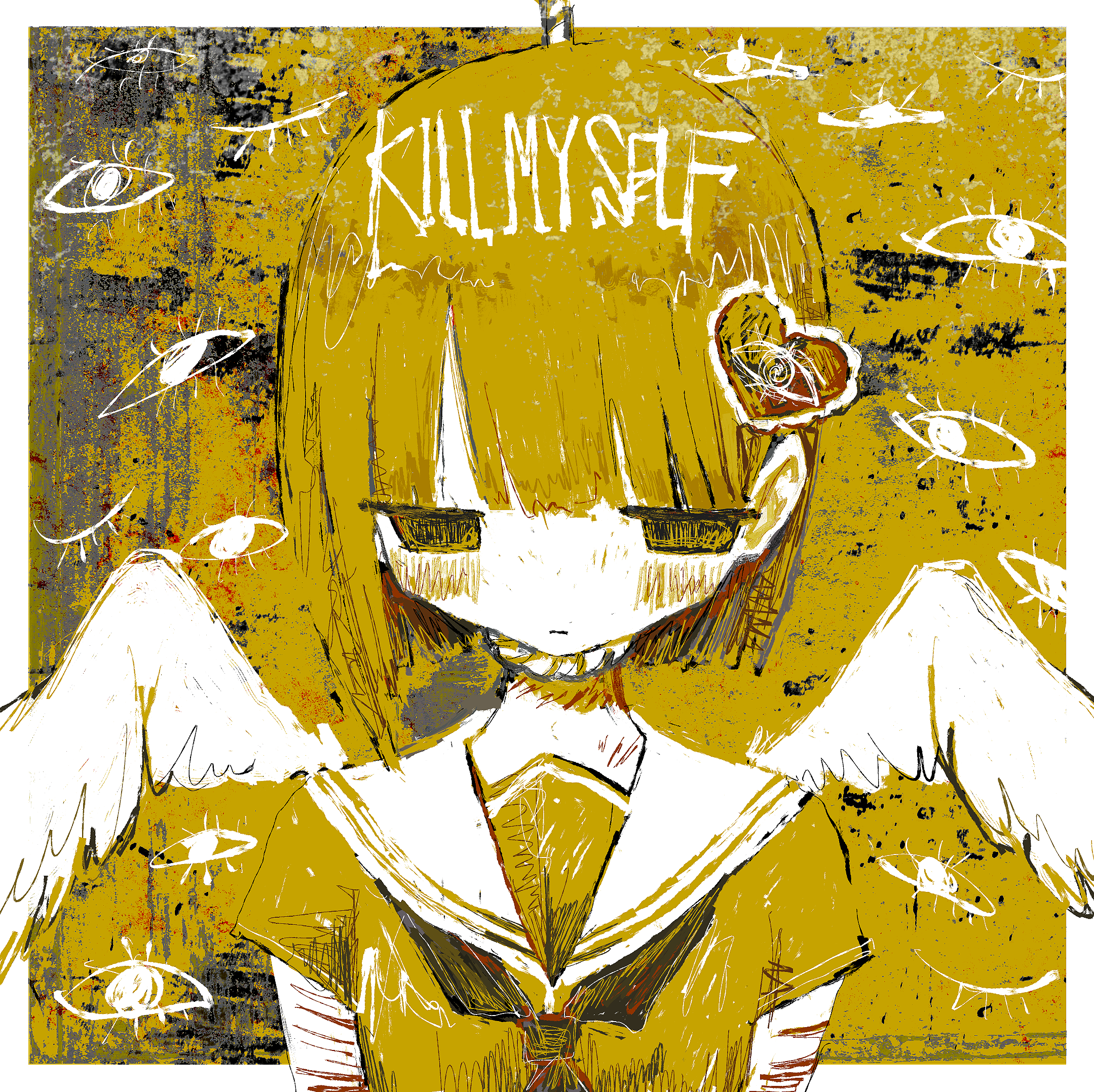 noroi (rnatataki), original, highres, 1girl, border, cuts, english text, half-closed eyes, hanged, injury, noose, outside border, rope, sailor collar, sailor shirt, self-harm, shirt, short sleeves, straight-on, suicide, upper body, white border, yellow theme