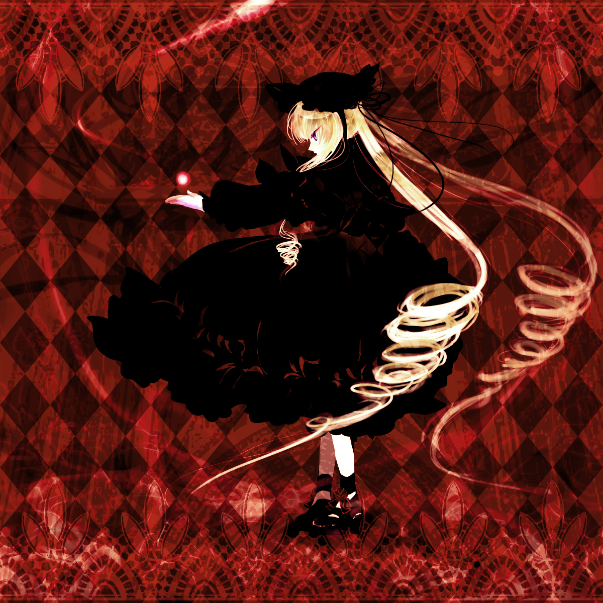 o (pixiv), shinku, rozen maiden, bad id, bad pixiv id, highres, 00s, 1girl, black dress, blonde hair, blush, bonnet, dress, drill hair, female focus, from side, full body, long hair, long sleeves, profile, solo, standing, twintails, very long hair