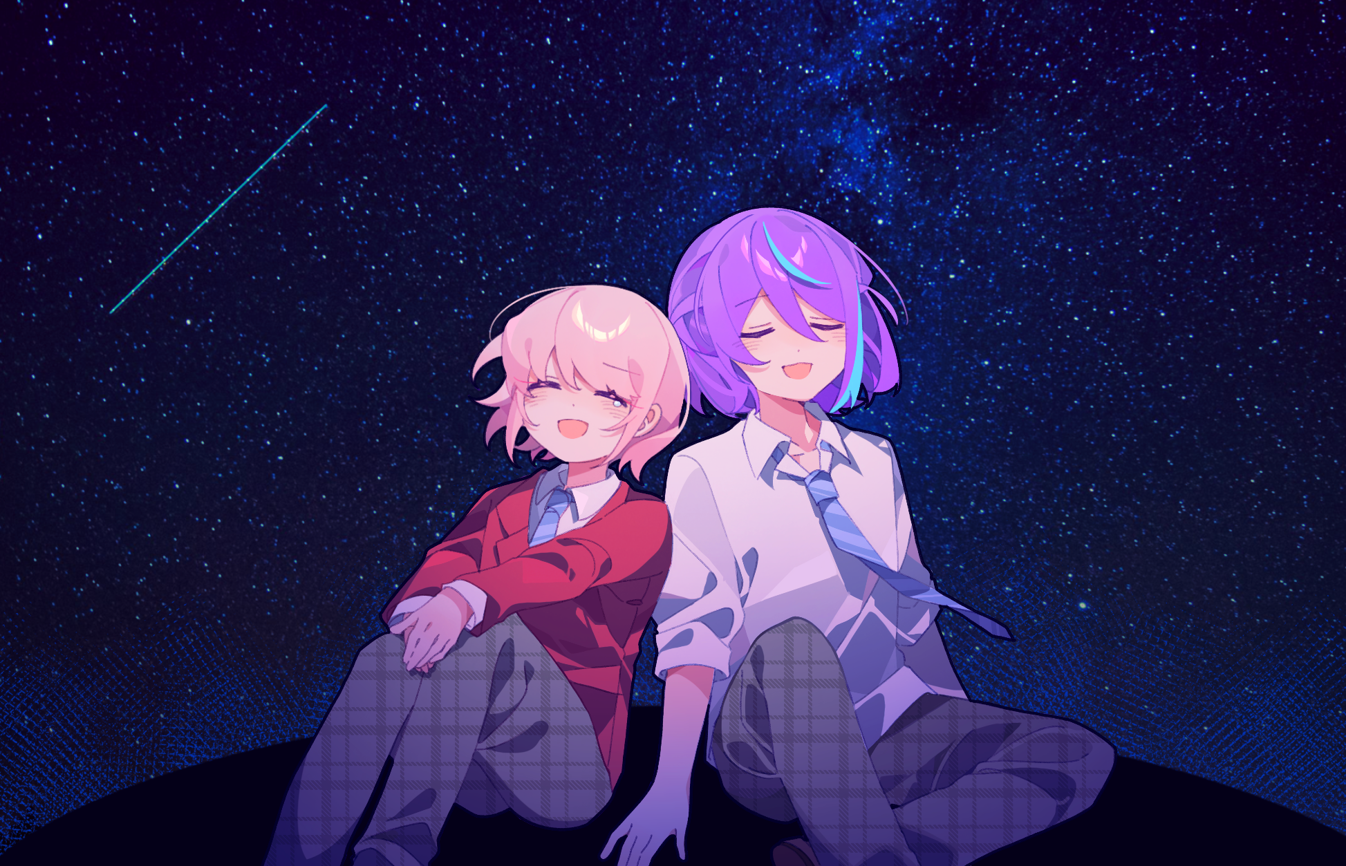 laylayhappy, akiyama mizuki, akiyama mizuki (middle school), kamishiro rui, project sekai, chinese commentary, commentary request, highres, 1boy, 1other, :d, ^ ^, aged down, arm support, back-to-back, blue hair, blue necktie, blue sky, closed eyes, collarbone, collared shirt, diagonal-striped clothes, diagonal-striped necktie, double-parted bangs, feet out of frame, grey pants, hair between eyes, jacket, knee up, lapels, layered sleeves, long sleeves, multicolored hair, necktie, night, night sky, open mouth, outdoors, own hands together, pants, pink hair, plaid clothes, plaid pants, purple hair, red jacket, school uniform, shirt, short hair, sitting, sky, smile, star (sky), starry sky, streaked hair, striped clothes, tearing up, three-quarter sleeves, two-tone hair, u u, v arms, white shirt