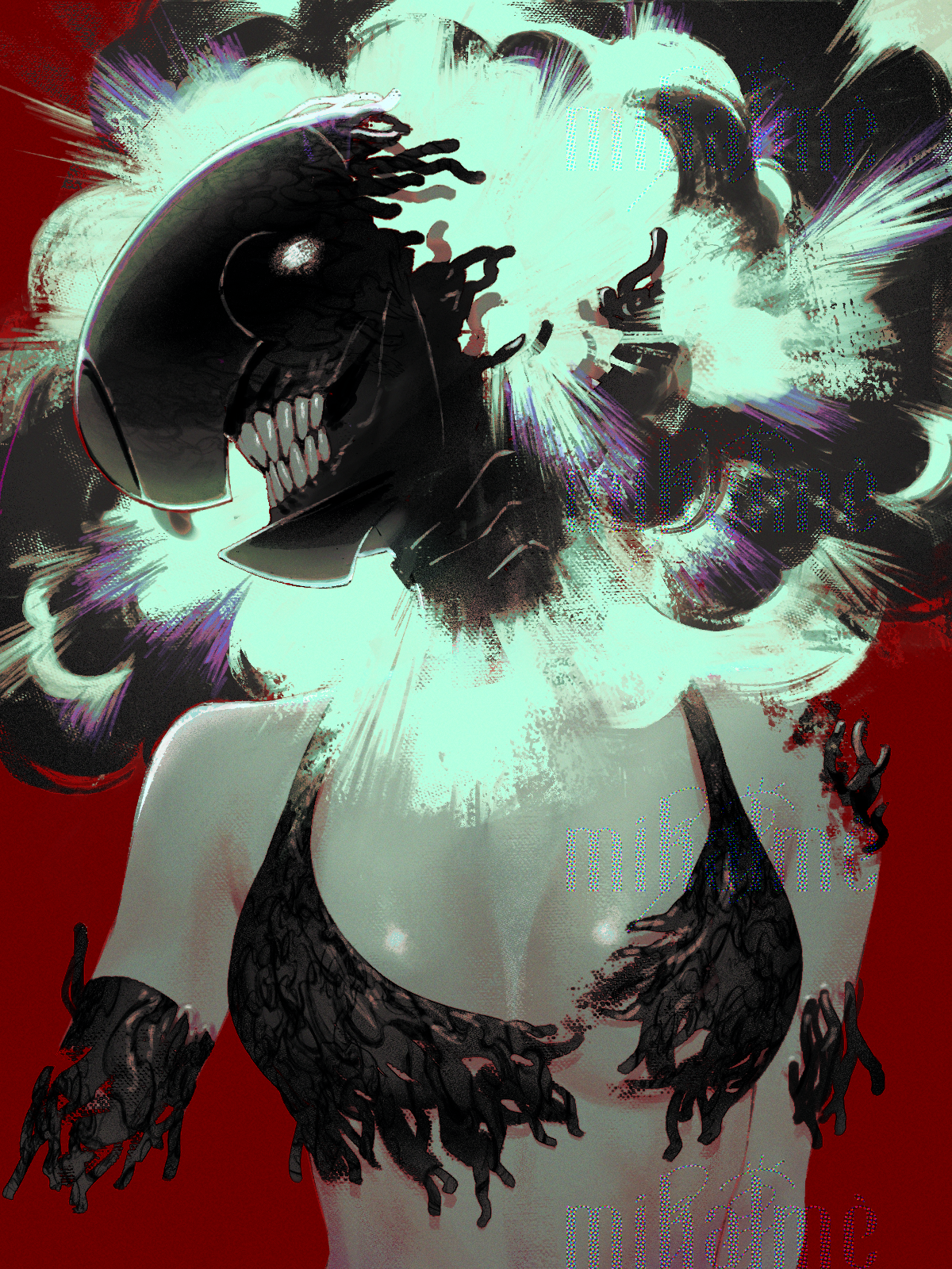 metre, bomb devil (chainsaw man), chainsaw man, highres, 1girl, amputee, breasts, double amputee, explosion, object head, red background, small breasts, solo, teeth