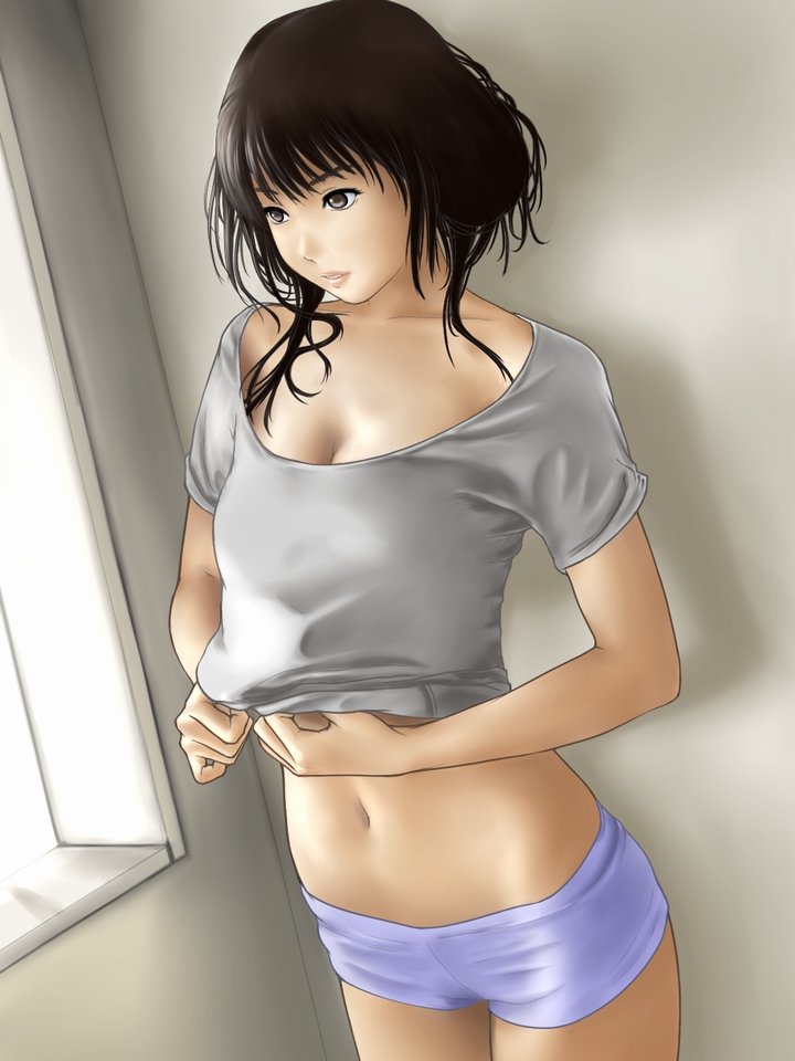 eau, derivative work, 1girl, black hair, breasts, cleavage, female focus, hand under clothes, hand under shirt, indoors, midriff, panties, shirt, short hair, solo, t-shirt, underwear, window