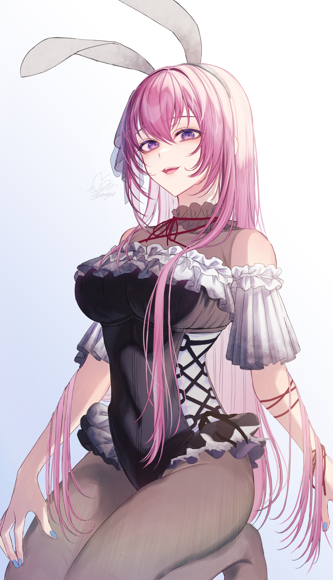 nhrg806, 25-ji luka, megurine luka, project sekai, vocaloid, commentary request, highres, 1girl, animal ear hairband, animal ears, arm ribbon, bare shoulders, black leotard, bodysuit, breasts, collarbone, covered navel, cross-laced clothes, crossed bangs, fake animal ears, frilled leotard, frills, hair between eyes, hair ornament, hairband, kneeling, knees out of frame, large breasts, leotard, long hair, looking at viewer, neck ribbon, no shoes, off shoulder, open mouth, pantyhose, pink hair, playboy bunny, purple eyes, rabbit ear hairband, rabbit ears, red ribbon, ribbon, see-through bodysuit, see-through clothes, sidelocks, signature, simple background, sleeveless, sleeveless bodysuit, smile, solo, strapless, strapless leotard, thighs, twitter username, very long hair