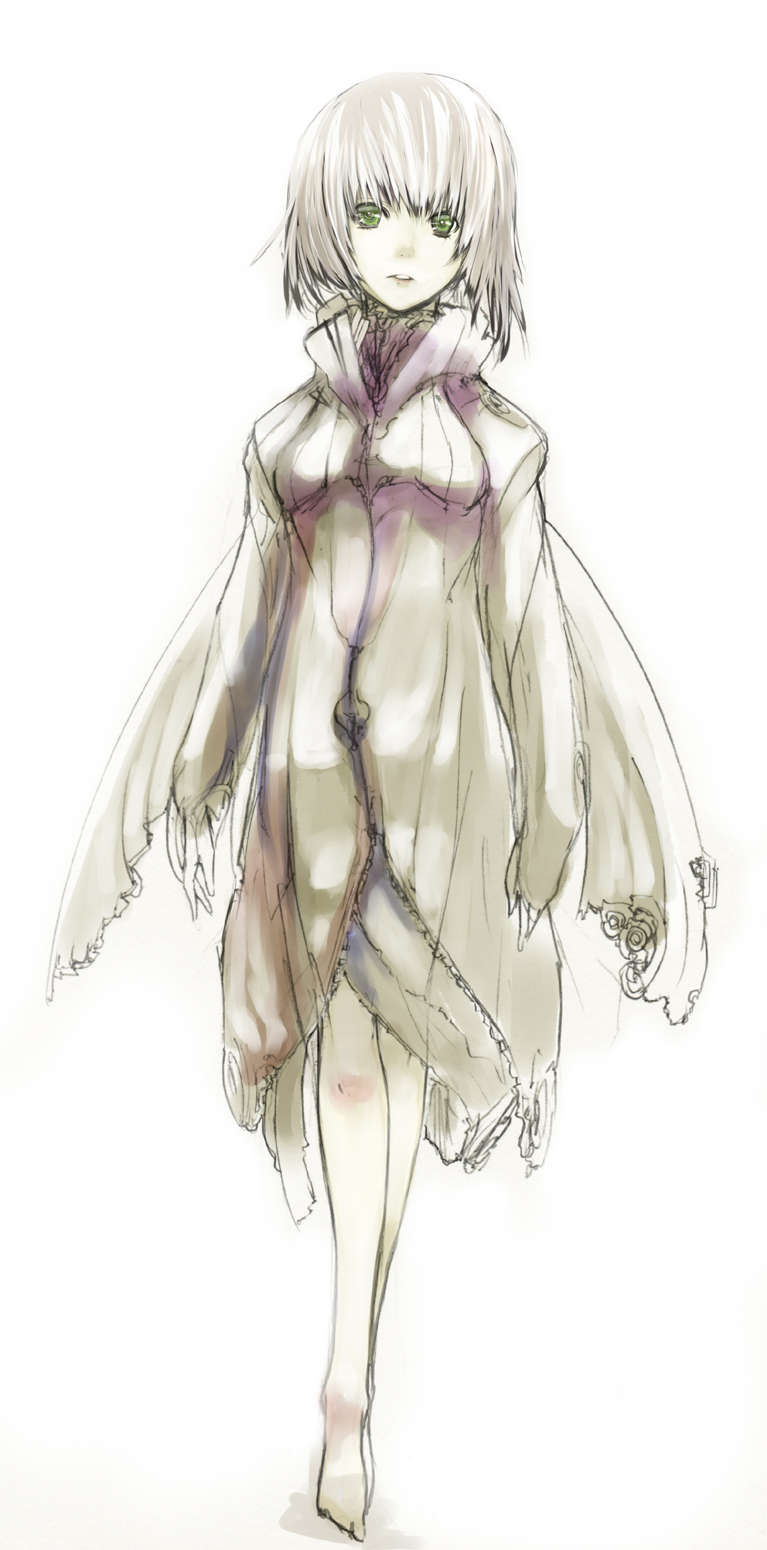 kae (artist), highres, barefoot, dress, feet, green eyes, short hair, sketch, solo, white hair