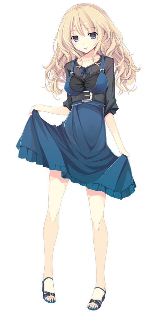 mikoto akemi, original, 1girl, bare legs, belt, blonde hair, blue eyes, blue nails, clothes lift, dress, dress lift, fashion, female focus, legs, long hair, nail polish, no socks, sandals, skirt, skirt hold, skirt lift, solo, toenail polish, toenails