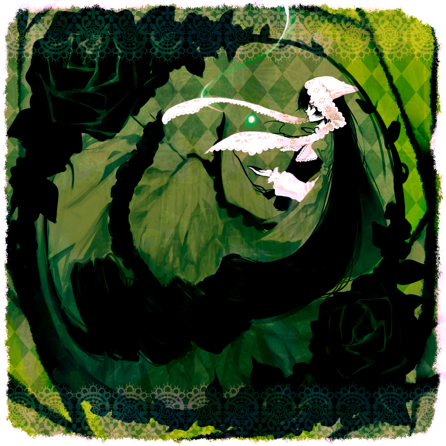 o (pixiv), suiseiseki, rozen maiden, bad id, bad pixiv id, highres, 00s, 1girl, blonde hair, blush, female focus, from side, green eyes, green theme, long hair, looking at viewer, looking to the side, profile, sidelocks, solo, upper body, very long hair