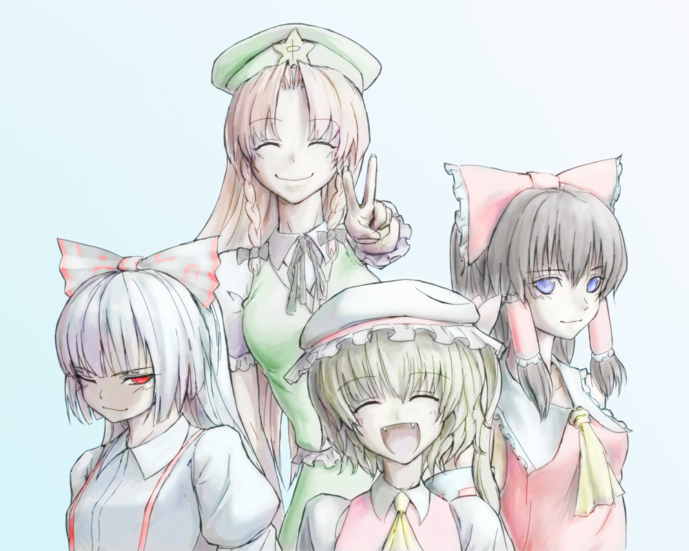 kath, flandre scarlet, fujiwara no mokou, hakurei reimu, hong meiling, touhou, bad id, bad pixiv id, 4girls, :d, ^ ^, blue background, closed eyes, collared shirt, fangs, female focus, hair between eyes, hat, mob cap, multiple girls, one eye closed, open mouth, shirt, smile, v, wink