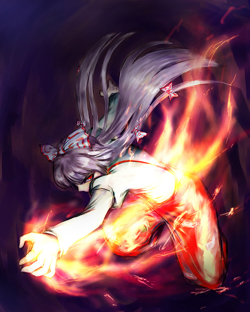 kath, fujiwara no mokou, touhou, 1girl, bow, female focus, fire, hair bow, long hair, red eyes, solo