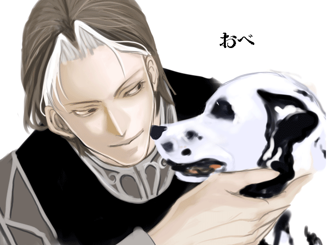 asahi man'you, asahi manyou, paul von oberstein, ginga eiyuu densetsu, 1boy, dog, male focus, pale skin, simple background, solo, white background