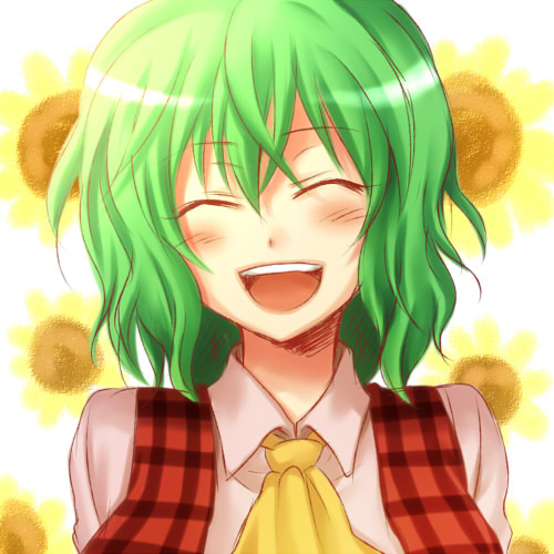 mokku, kazami yuuka, touhou, lowres, 1girl, ^ ^, ascot, blush, closed eyes, female focus, flower, green hair, happy, plaid clothes, plaid vest, short hair, solo, sunflower, vest