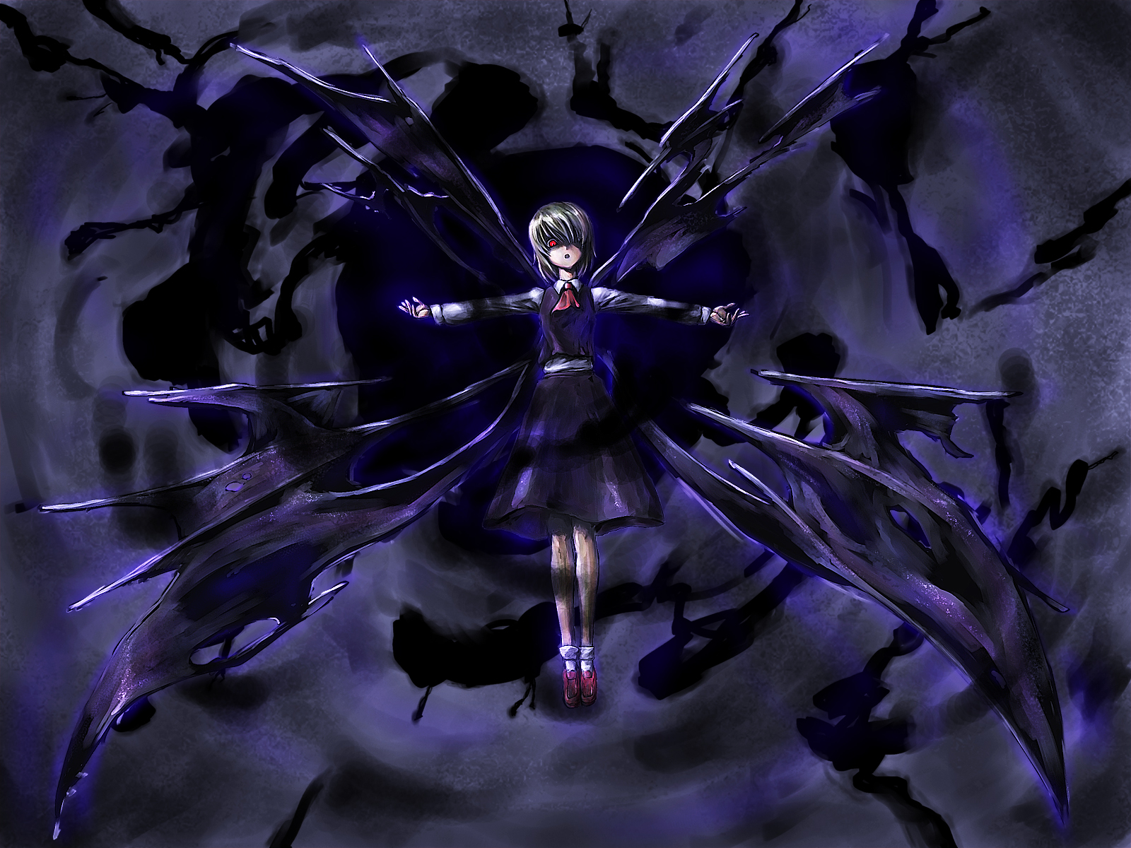 kath, ex-rumia, rumia, embodiment of scarlet devil, touhou, highres, 1girl, blonde hair, darkness, female focus, outstretched arms, red eyes, solo, spread arms