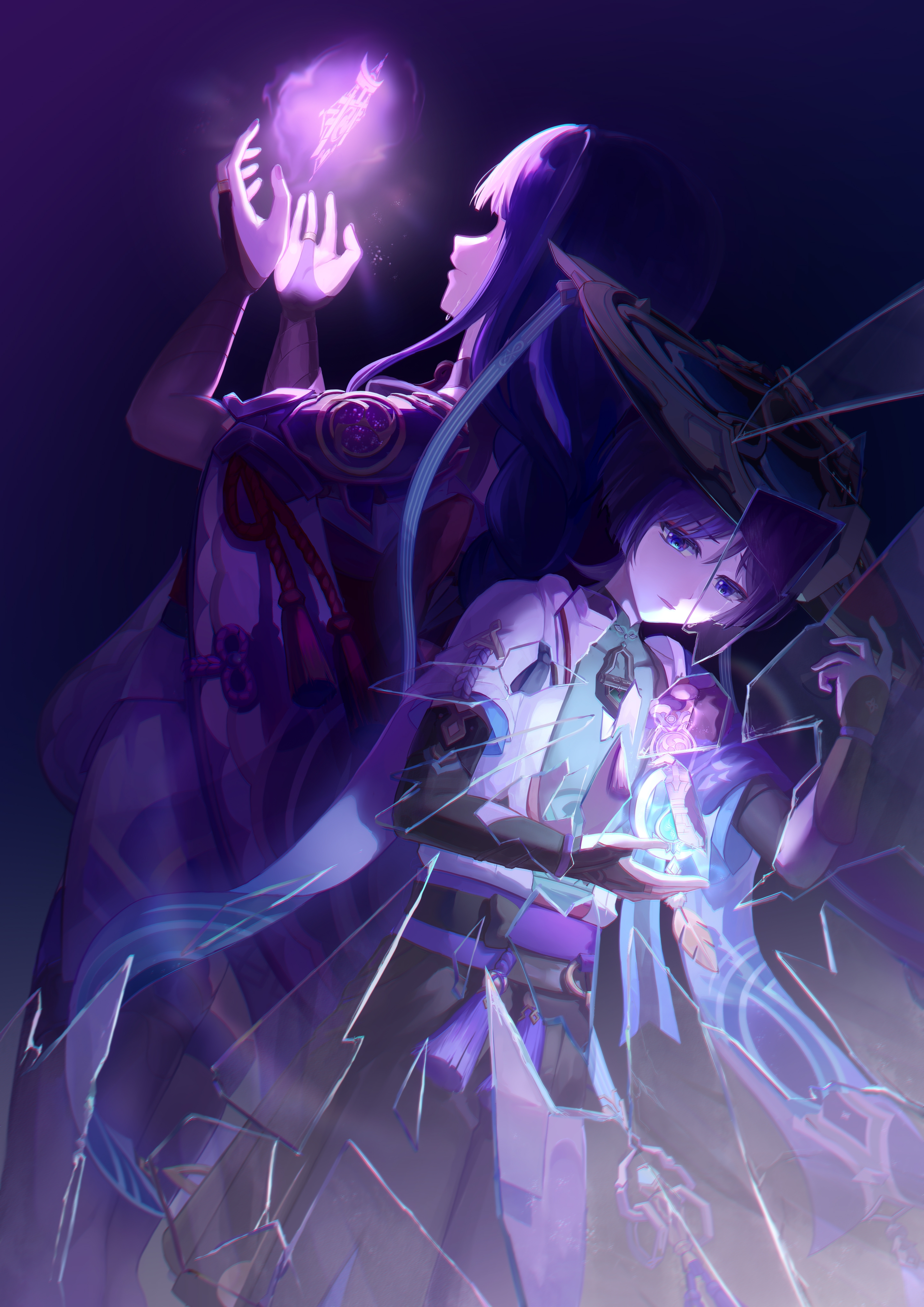 raiden shogun, scaramouche (genshin impact), wanderer (genshin impact), genshin impact, absurdres, chinese commentary, highres, 1boy, 1girl, armor, blue eyes, blue hair, blunt bangs, braid, bridal gauntlets, crying, faceless, faceless female, fan8115933, floating, from side, glowing, gnosis (genshin impact), hair between eyes, hands up, hat, japanese clothes, kimono, leaning back, leaning forward, long braid, long hair, looking down, mitsudomoe (shape), mother and son, multicolored hair, open mouth, portal (object), purple background, purple kimono, sad, short hair, short sleeves, shoulder armor, single braid, standing, streaked hair, streaming tears, tears, tomoe (symbol), upper body, wide sleeves