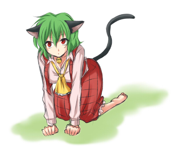 mokku, kazami yuuka, touhou, 1girl, all fours, animal ears, ascot, barefoot, bell, breasts, cat ears, cat girl, cat tail, cleavage, female focus, full body, green hair, kemonomimi mode, large breasts, plaid clothes, plaid skirt, plaid vest, red eyes, short hair, skirt, skirt set, solo, tail, vest, white background