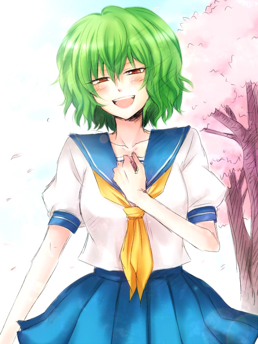 mokku, kazami yuuka, touhou, 1girl, alternate costume, blush, cherry blossoms, female focus, green hair, hand on own chest, happy, petals, red eyes, school uniform, serafuku, short hair, smile, solo