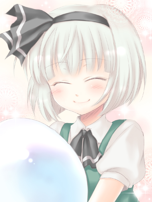 mokku, konpaku youmu, konpaku youmu (ghost), touhou, silver hair, 1girl, blush, closed eyes, female focus, hairband, happy, hitodama, short hair, solo