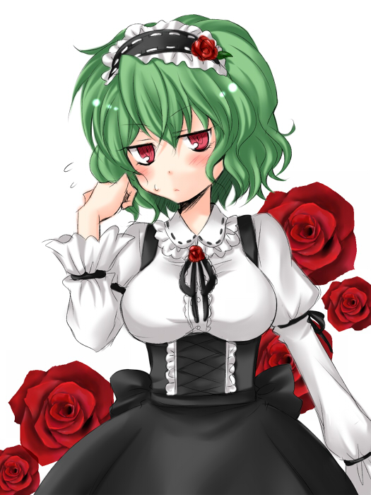 mokku, kazami yuuka, touhou, 1girl, adjusting hair, alternate costume, blush, breasts, costume, female focus, flower, green hair, hairband, lolita fashion, red eyes, red flower, red rose, rose, short hair, solo, white background