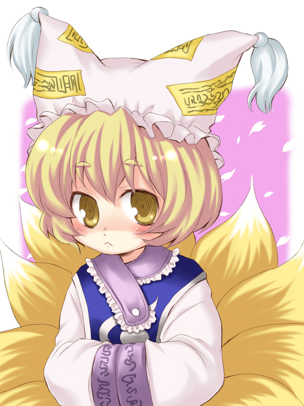 mokku, yakumo ran, touhou, 1girl, :<, aged down, animal hat, blonde hair, blush, female focus, fox tail, hands in opposite sleeves, hat, long sleeves, mob cap, short hair, solo, tail, tassel, wide sleeves, yellow eyes
