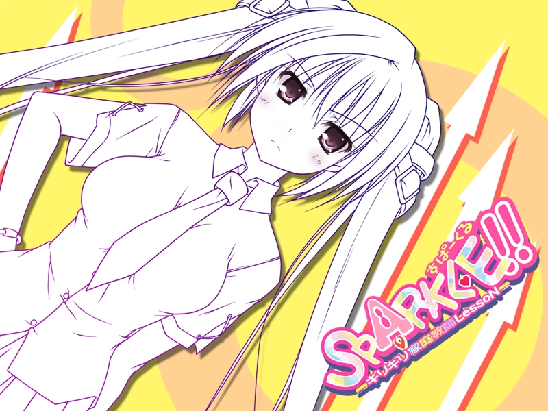 t-ray, sparkle!!, 1girl, aqua eyes, blush, buckle, dutch angle, female focus, hand on own hip, hip focus, long hair, monochrome, necktie, purple eyes, purple theme, school uniform, solo, twintails, yellow background