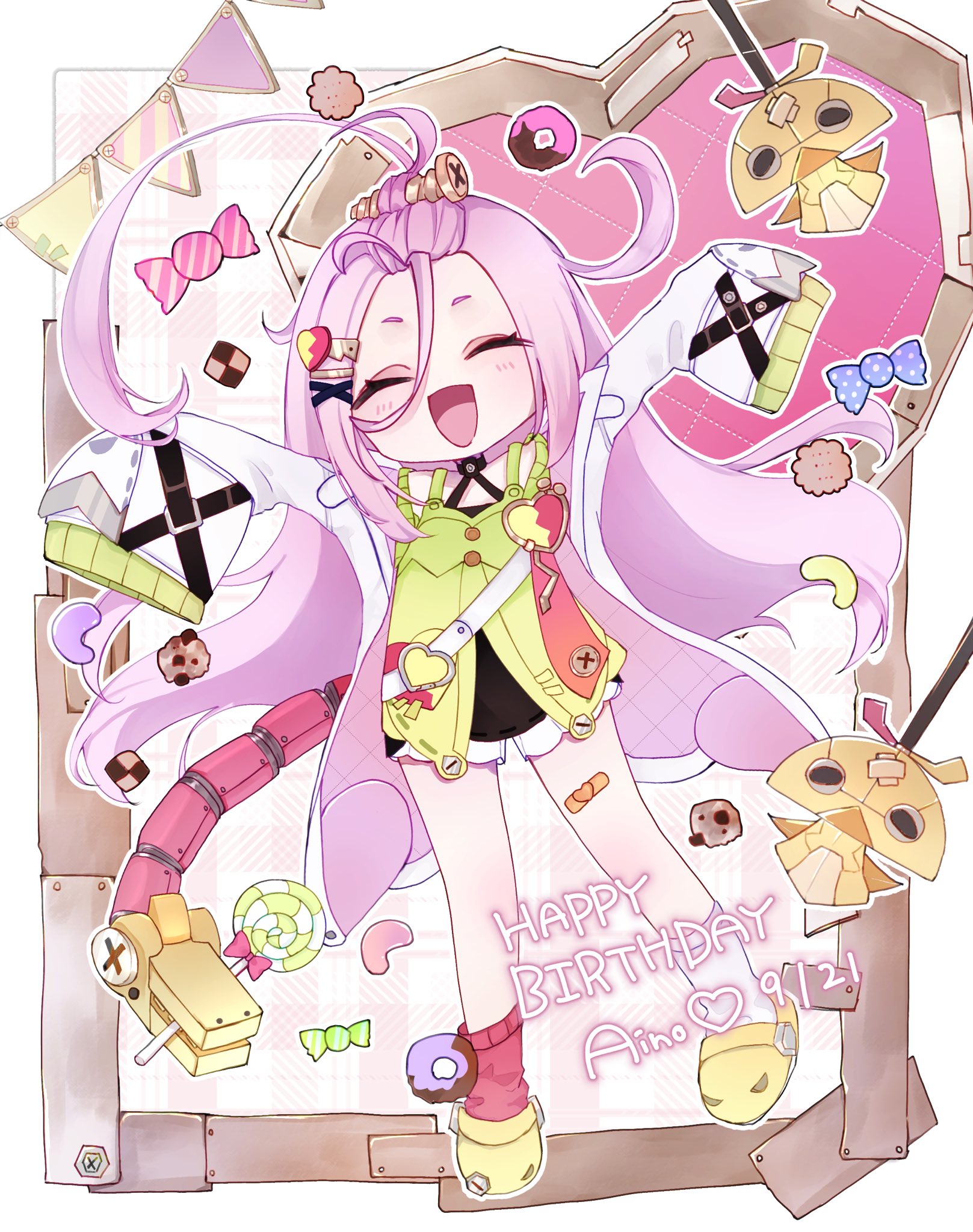 aino (genshin impact), genshin impact, highres, antenna hair, candy, cookie, food, forehead, jacket, lollipop, pink hair, screw hair ornament, sometannnn, white jacket