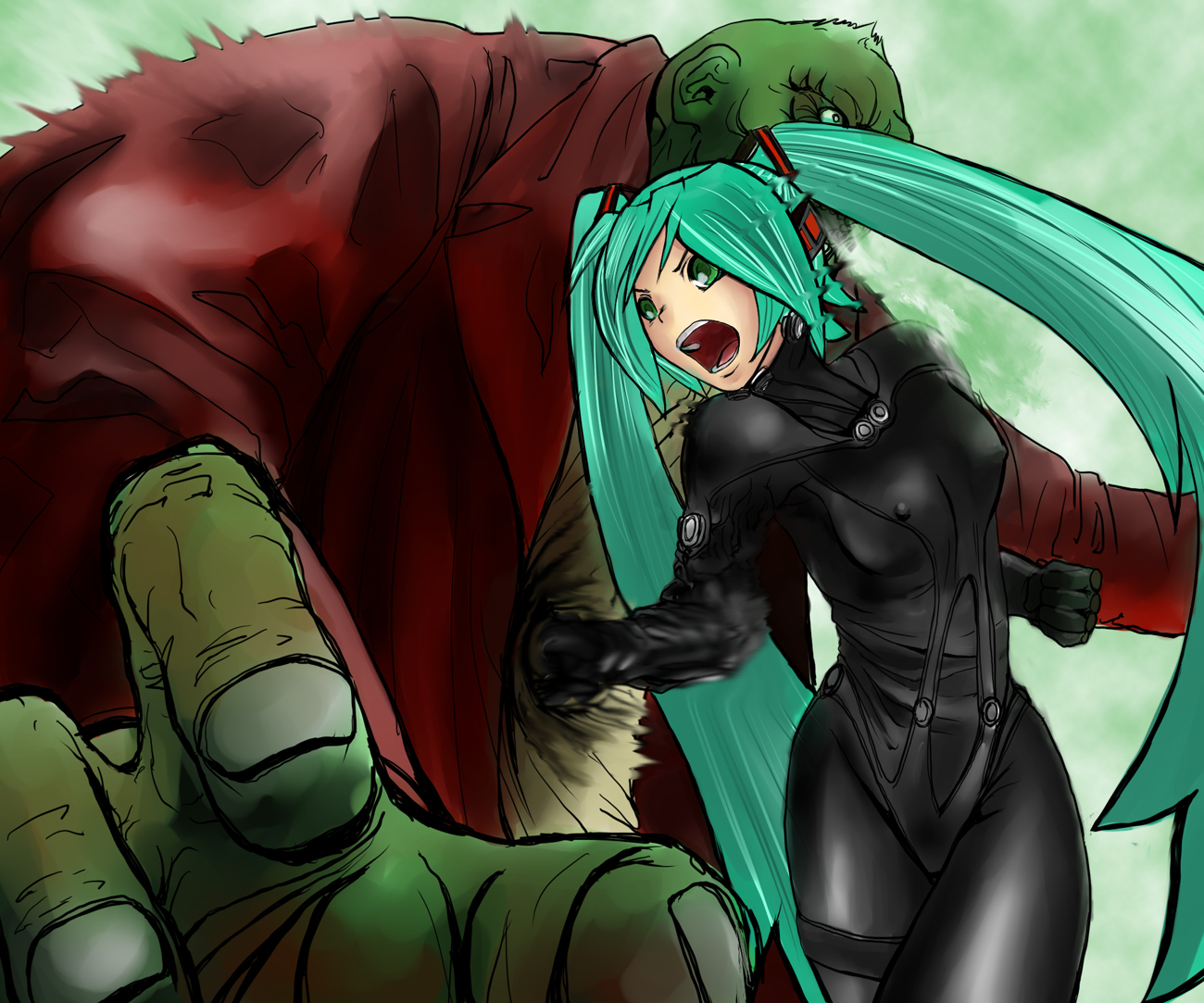 noilegnave, hatsune miku, onion alien, gantz, vocaloid, 1girl, aqua hair, bodysuit, cosplay, covered erect nipples, crossover, flat chest, gantz suit, long hair, parody, punching, twintails, very long hair