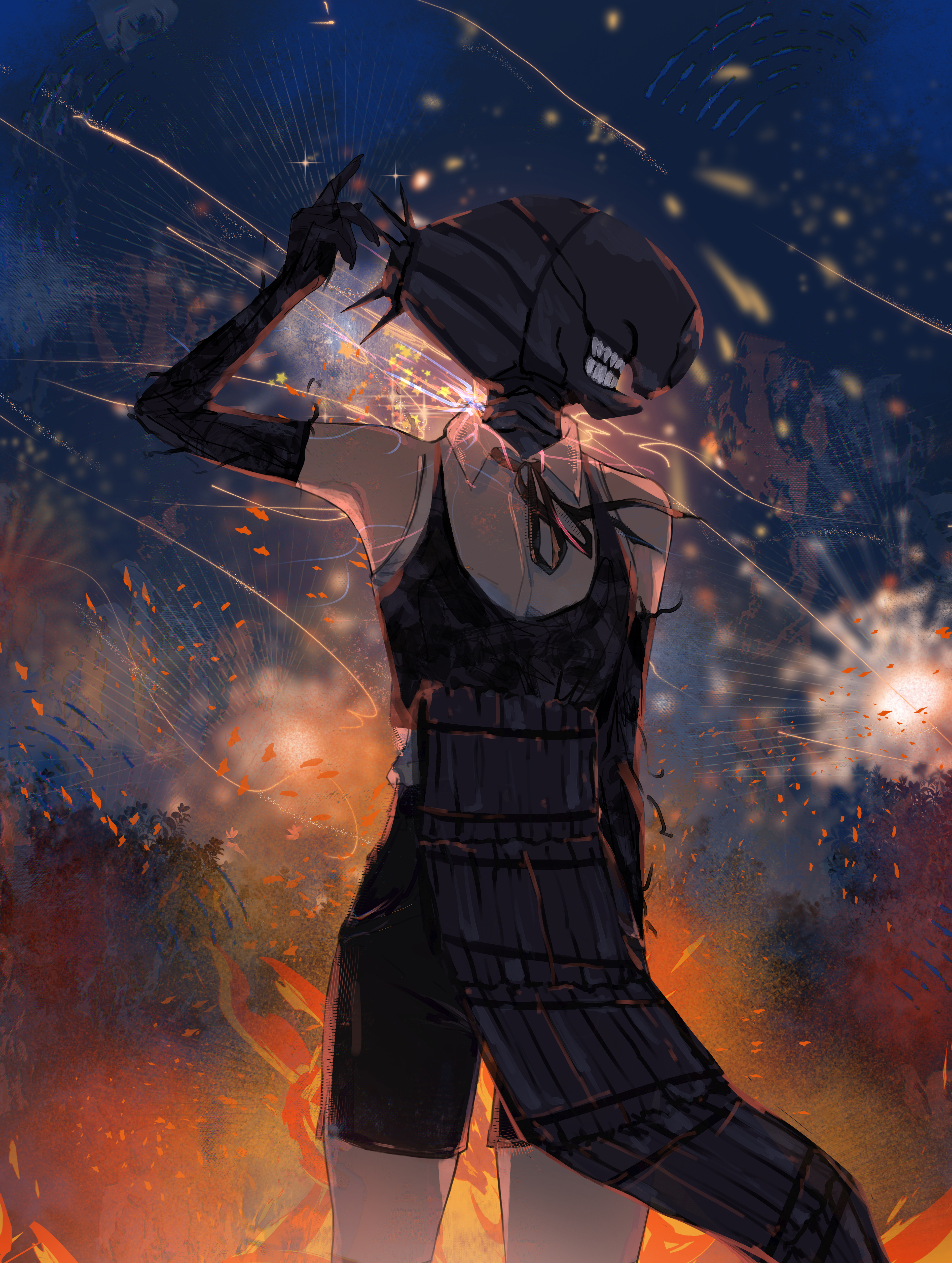 cr3st0, bomb devil (chainsaw man), chainsaw man, absurdres, highres, 1girl, apron, black apron, black gloves, black ribbon, black shorts, collared shirt, dynamite, elbow gloves, explosive, fireworks, gloves, neck ribbon, night, object head, outdoors, ribbon, shirt, shorts, sleeveless, sleeveless shirt, solo, white shirt