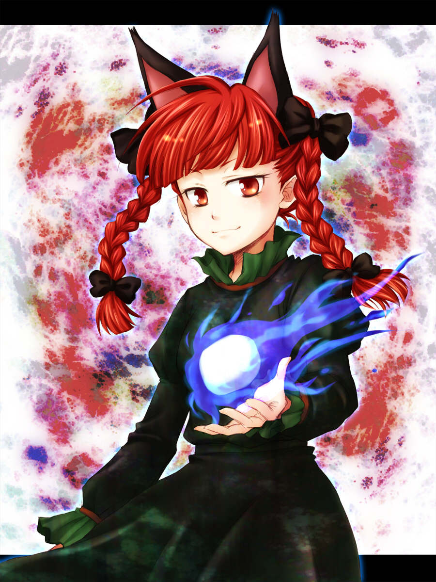mokku, kaenbyou rin, touhou, highres, 1girl, animal ears, braid, cat ears, cat girl, female focus, letterboxed, red eyes, red hair, ribbon, solo, standing, twin braids, white background