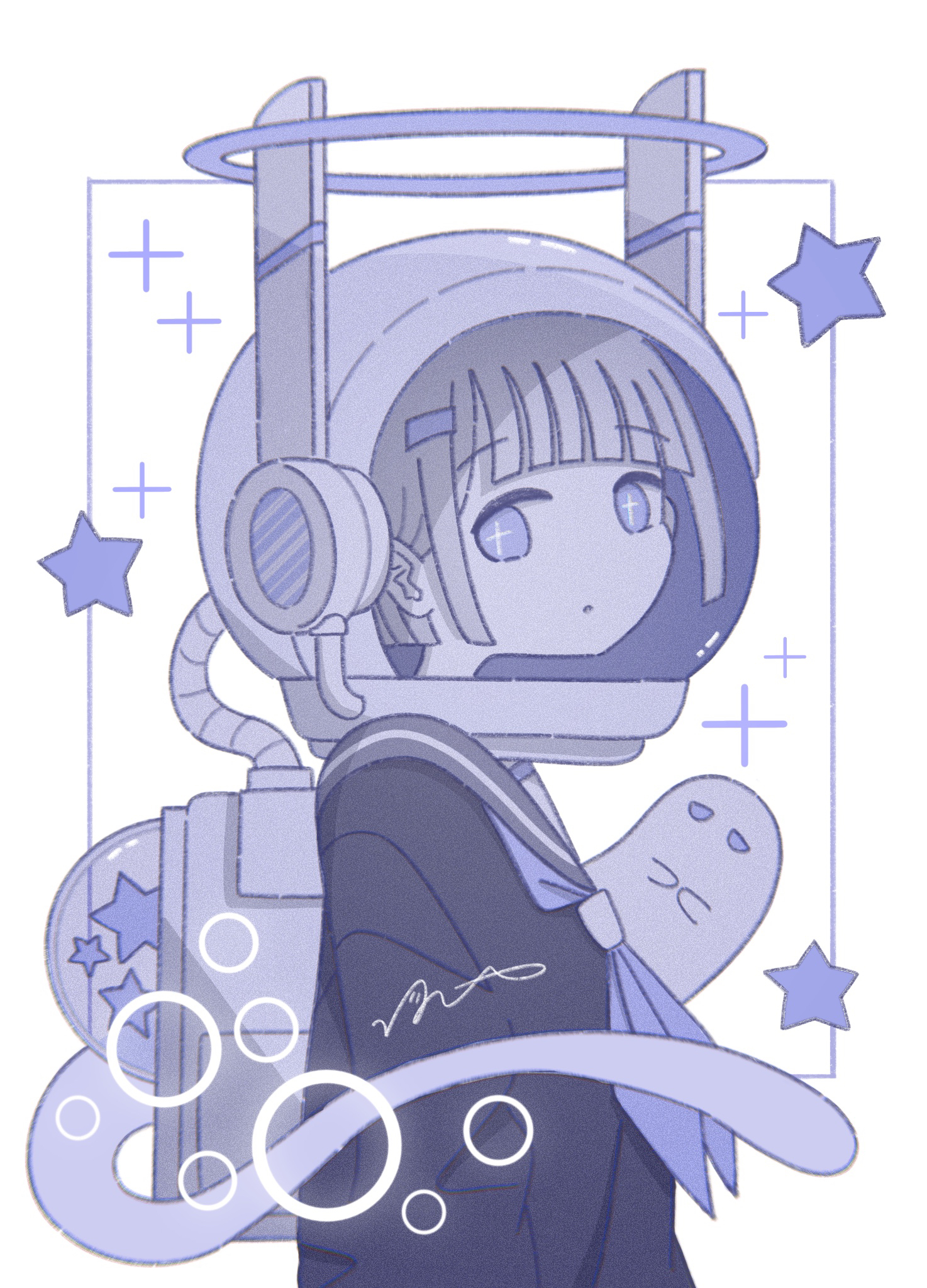 omochi noa, original, highres, black shirt, blue eyes, blue neckerchief, from side, ghost, grey sailor collar, halo, helmet, inset border, looking at viewer, looking to the side, neckerchief, sailor collar, school uniform, serafuku, shirt, short hair, signature, space helmet, star (symbol), upper body, white background