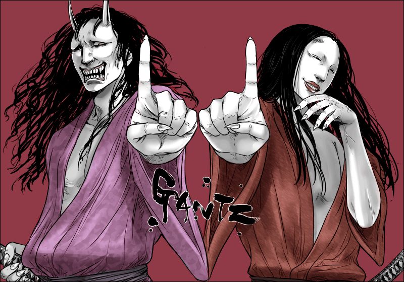 kako (ydrdr), gantz, bad id, bad pixiv id, 00s, 2boys, black hair, claws, demon, demon boy, foreshortening, grin, hannya, horns, japanese clothes, katana, long hair, mask, multiple boys, noh mask, oni, pale skin, smile, sword, weapon