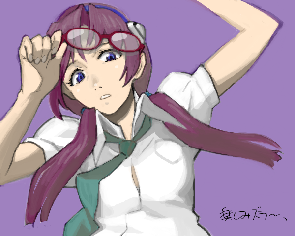 choobackers32, choobackers32 (pixiv200837), makinami mari illustrious, neon genesis evangelion, rebuild of evangelion, bad id, bad pixiv id, 00s, 1girl, adjusting eyewear, blue eyes, drawr, female focus, glasses, hairband, necktie, oekaki, purple background, purple hair, solo
