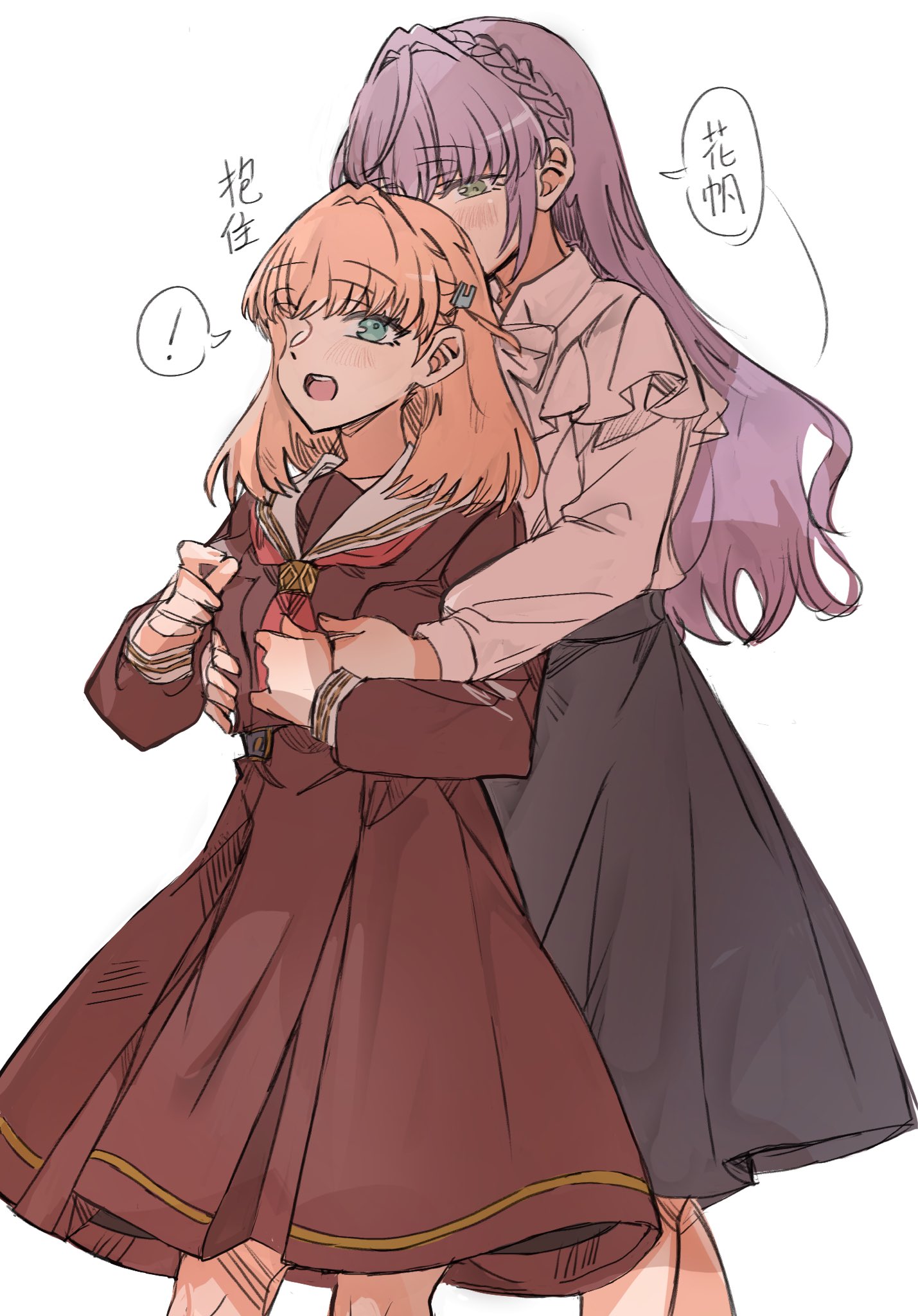 junjun (kimi-la), hinoshita kaho, otomune kozue, otomune kozue (post-graduation), link! like! love live!, love live!, commentary, highres, !, 2girls, aqua eyes, braid, brown dress, crown braid, dress, feet out of frame, frilled shirt, frills, green eyes, hair intakes, hasu no sora school uniform, hug, hug from behind, long hair, long sleeves, medium skirt, multiple girls, neckerchief, pleated dress, red neckerchief, sailor collar, sailor dress, school uniform, shirt, simple background, skirt, spoken exclamation mark, very long hair, virtual youtuber, white background, white sailor collar, white shirt, winter uniform
