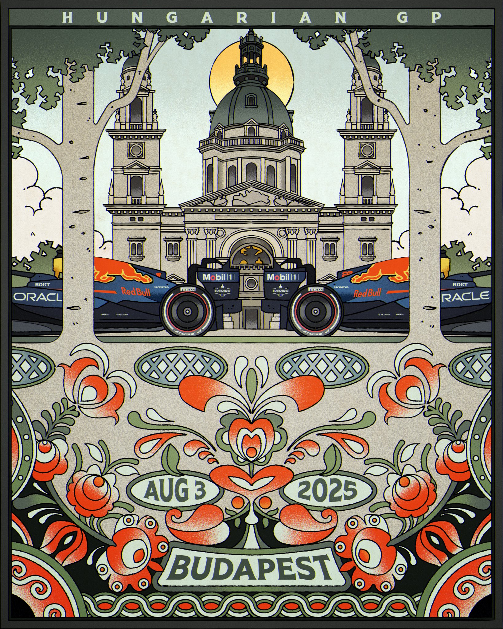 formula one, highres, vehicle request, budapest, chuangraphics, english text, european architecture, hungary, no humans, poster (medium), tree