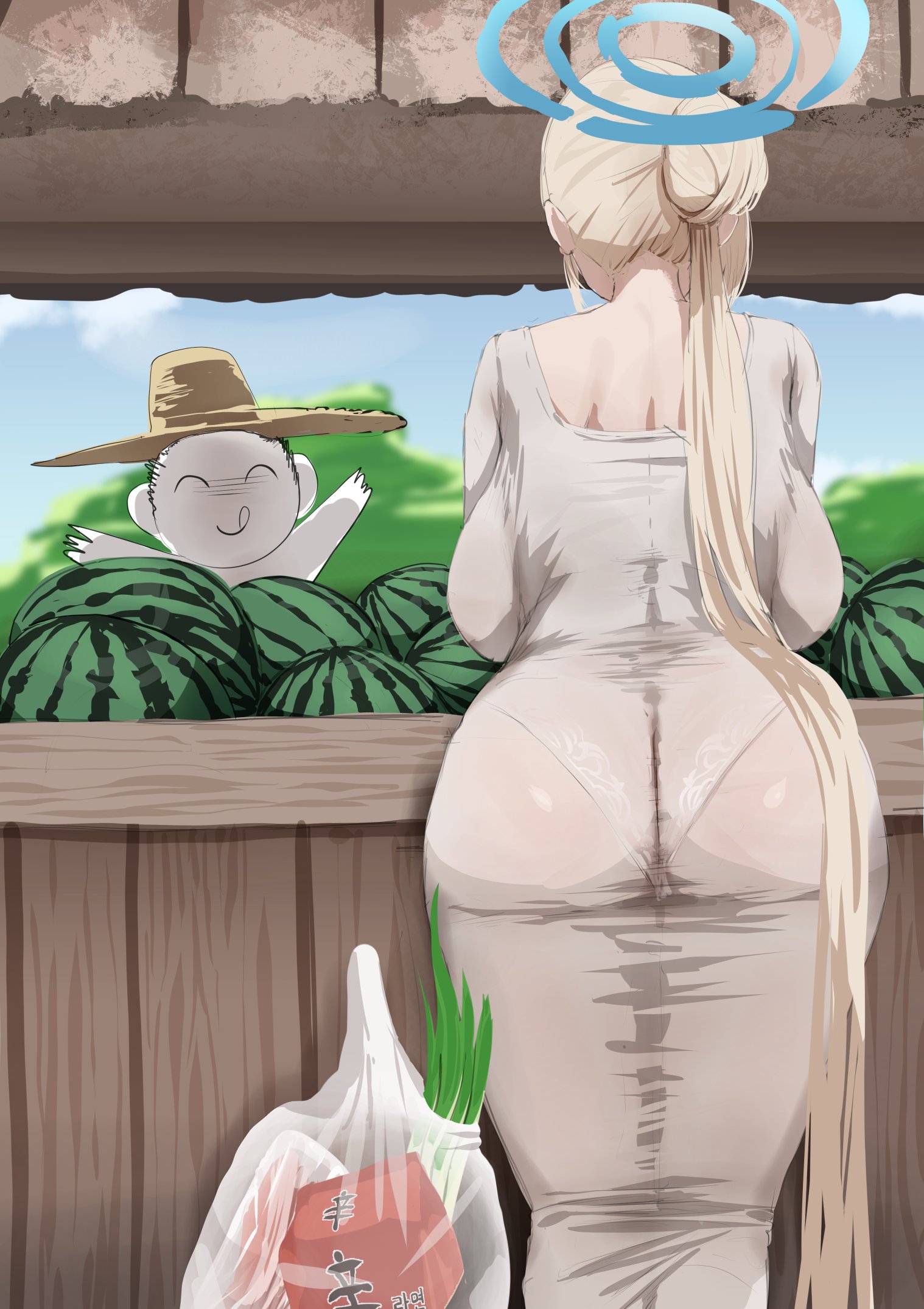 hth5k, asuna (blue archive), doodle sensei (blue archive), sensei (blue archive), blue archive, highres, 1boy, 1girl, alternate costume, ass, bag, blonde hair, blue halo, breasts, dongtan dress, dress, food, from behind, fruit, grey dress, halo, hat, huge breasts, long hair, pantylines, straw hat, very long hair, watermelon